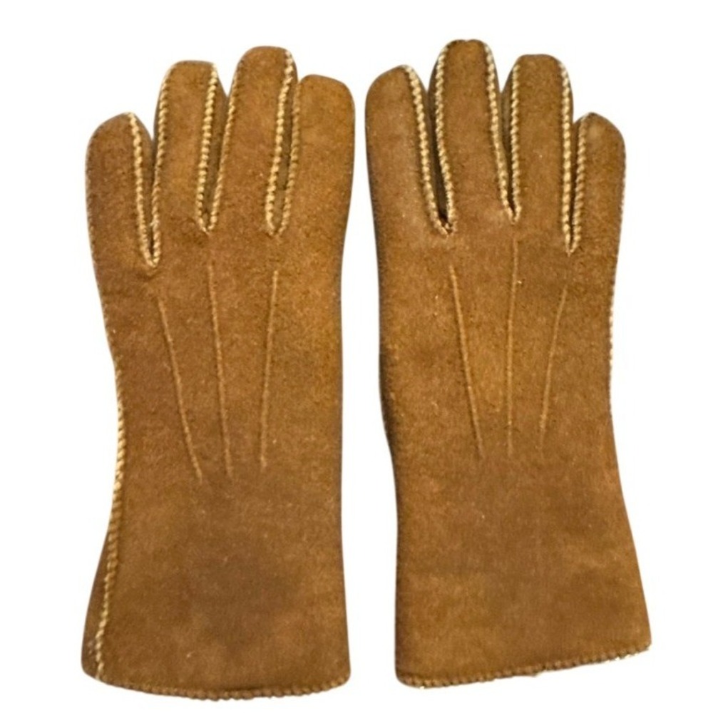 Vintage Sta-Soft Buckskin Leather Gloves Sherpa Lined Tan Brown Mens Small S